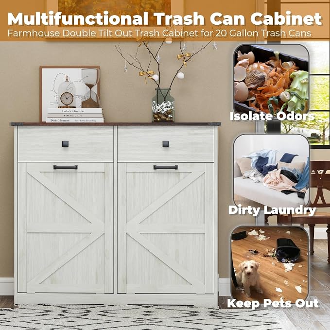 Double Tilt Out Trash Can Cabinet for 20 Gallon,Hidden Dual Laundry Cabinets with 2 Drawers & 2 Baskets, Barn Door Style Garbage Cabinet for Kitchen