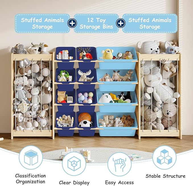 EXPERLAM Large Toy Storage Organizer, Wooden Stuffed Animal Storage & 12-Bins Toy Organizer, Double-Sided Plush Toy Holder Featuring Thicker Ropes, Space Save Bedroom Nursery Playroom Storage, Blue