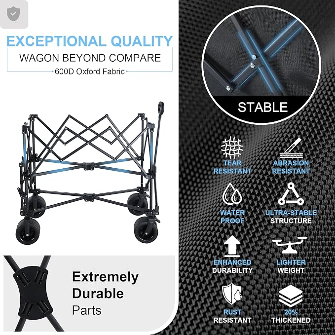 600LB Double Decker Foldable Wagon Cart, 400L Large Storage, Heavy Duty | 50" Extended Collapsible Wagon, Extra Large Collapsible Cart with Wheels for Camping, Fishing, Beach & Outdoor Use