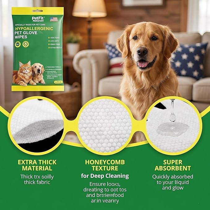 5-Finger Grooming Glove Wipes for Dogs & Cats, Extra Thick Waterless Bath & Deodorizing, Hypoallergenic Rinse-Free Cleaning for Senior, Post-Surgery & Travel - 6 Count (6pcs)