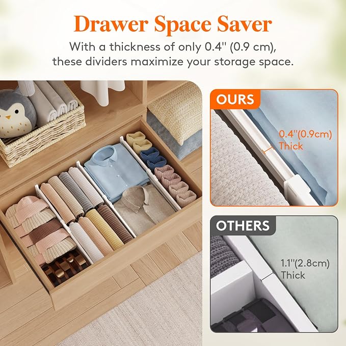Lifewit 9 Pack 4" High Drawer Dividers, Adjustable Drawer Organizer Clothes | 13.8"-22.2" Expandable White Plastic Separators for Dresser, Kitchen, Cabinet, Nursery, Office, Socks & Underwear Storage