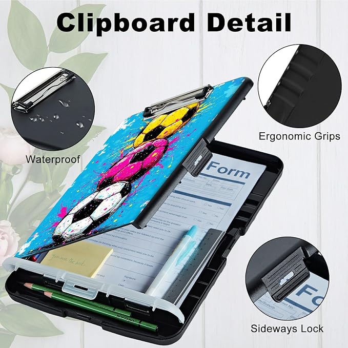 A4 Clipboard with Storage Pen Holder, Clipboards Organizer Nursing Clipboard Foldable File Folder Plastic Clipboard Folio Clip Board for Office Work Classroom Doctor, Soccer Painting