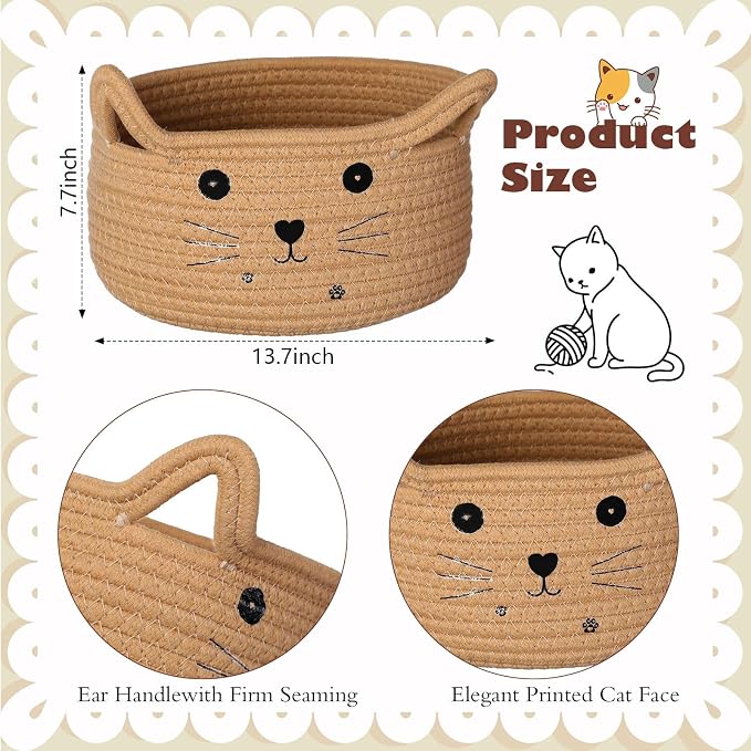Zopeal Cat Storage Basket Woven Organizer with Ears Decorative Gift Cute Cotton Rope Pet Toy Basket for Gift Cat Dog Toy Bin Nursery Room(13.7 x 7.8 Inch,Khaki)