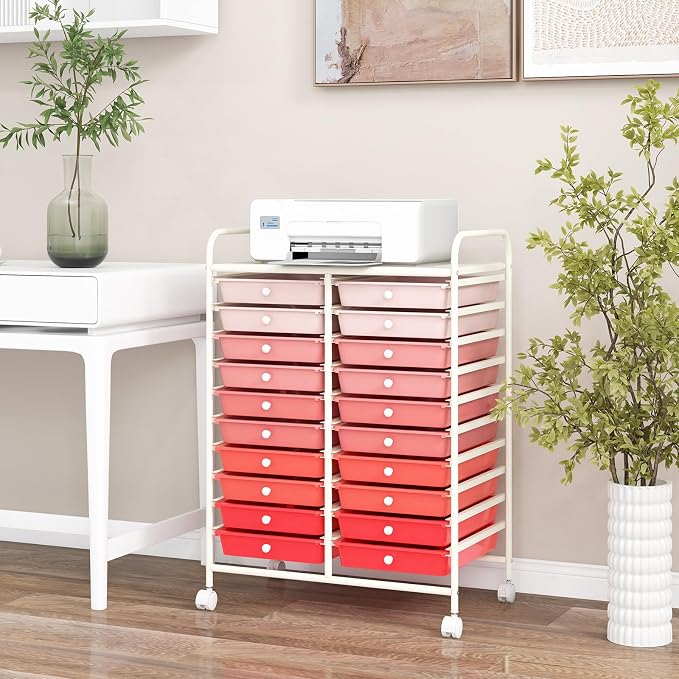 20 Drawer Rolling Storage Cart, Art Cart Organizer with Wheels for Makeup, Tool, Paper, Multipurpose Craft Storage Cart with Drawers for Office, Home, Classroom, School (Gradient Pink)