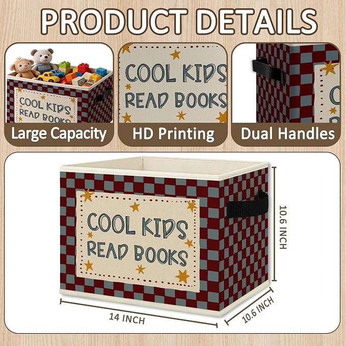Kids Classroom Book Cube Storage Bins with Handles, Cool Kids Read Books Checkered Collapsible Fabric Storage Basket Boxes Books Clothes Organizer for Girls Boys Reading Room Bedroom