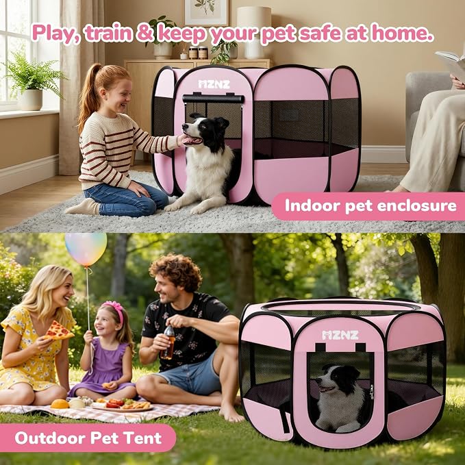 Dog Cat Small Animal Puppy Playpen Crate, Large, Whole Pink | Portable Pop Up Pet Cage Enclosure Tent Kennel Indoor Outdoor with Carrying Case, No Assembly, Camping Use