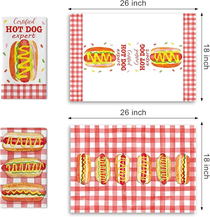 Certified Hot Dog Expert Kitchen Dish Towels Set of 2, Funny Fast Food Sausage Drying Hand Towel Baking Cooking Cloth, Red Plaid Farmhouse Home Decoration 18'' x 26''
