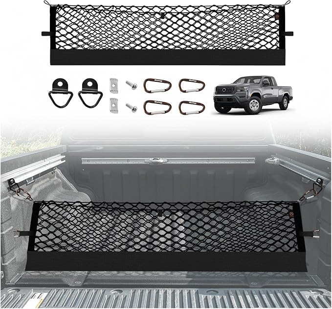 Muslogy Cargo Net for Nissan Frontier 2022-2025 2026 (Extra Support Frame) | Custom Fit, Truck Bed Storage Organizer Net for Pickup Truck Bed Divider, Heavy Duty Carabiners, Night Visible Grab Handle