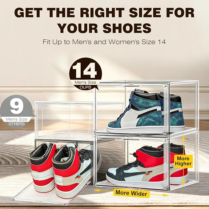 12 Pack Clear Acrylic Shoe Sneaker Boxes Fits Size 13, Wide Magnetic Door | Stackable shoe showcase for sneakers, high tops, large shoes, shoe collection display storage. Exterior 14.1 x 10.6 x 8.9 in