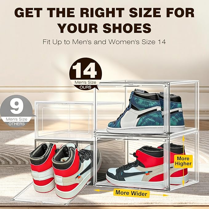 10 Pack Clear Acrylic Shoe Sneaker Boxes Fits Size 13, Wide Magnetic Door | Stackable shoe showcase for sneakers, high tops, large shoes, shoe collection display storage. Exterior 14.1 x 10.6 x 8.9 in