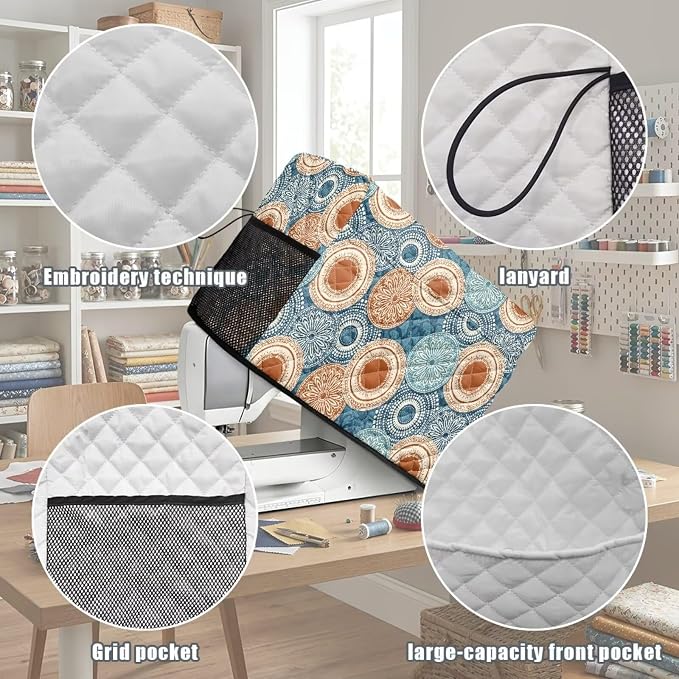 Sewing Machine Cover Polyester Febric Mandala Circle Vintage Print | Dust Pet Hair Protection,Quilting Design,Fits Standard Singer,Brother Janome Machines,Protecting Decorating Your Sewing Space