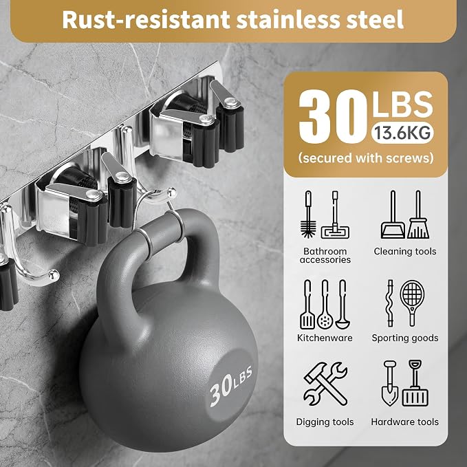Broom Holder Wall Mount, Mop Organizer, 5 Racks, 4 Hooks, Heavy Duty | Rust-Resistant Stainless Steel, Non-Slip Grip, Adhesive or Screw Mount for Garage, Laundry Room and Garden Use, 1 Pack,Silver