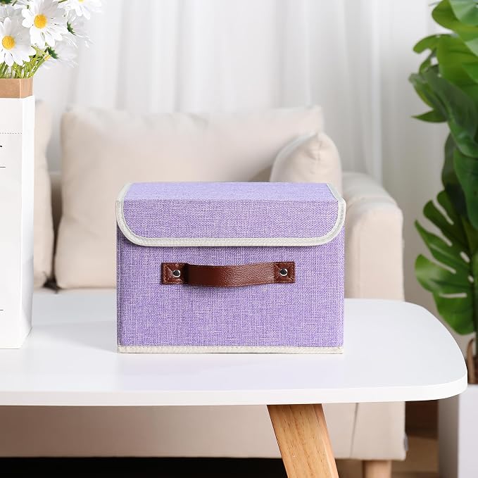 ANMINY Fabric Storage Box Bins with Lids, Purple, 10"x8"x7", 4 Pack | Keepsake Memory Storage, Cotton Linen, PP Board Reinforced, Washable, PU Handles, Foldable & Stackable, Decorative, Small