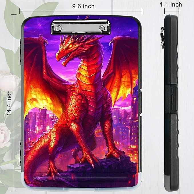 A4 Clipboard with Storage Pen Holder, Clipboards Organizer Nursing Clipboard Foldable File Folder Plastic Clipboard Folio Clip Board for Office Work Classroom Doctor, Purple Red Dragon