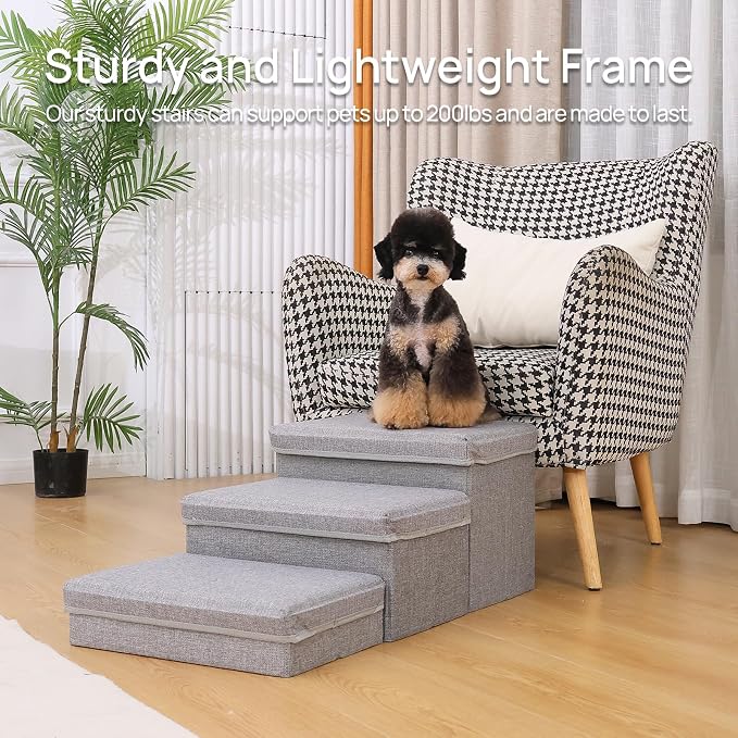 Linen Foldable Dog Stairs with Storage | 3-Step Pet Steps for High Beds & Couch, Non-Slip Dog Ladder for Small & Medium Dogs and Cats, Light Grey