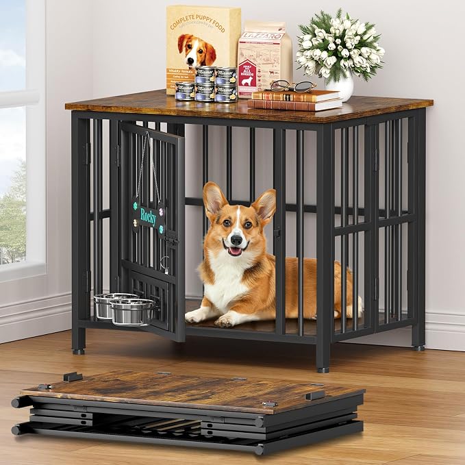 Easycom 31" Dog Crate Furniture Foldable, No Assembly, Rustic Brown | Decorative Wooden Dog Kennel Indoor With Adjustable Bowls and Name Tag, Medium Dogs(20-35 lbs), End Table