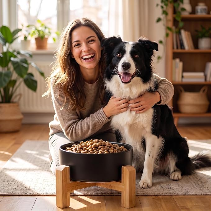 hjn Elevated Ceramic Dog Bowl with Bamboo Stand, Raised Pet Feeding Station for Small Medium Dogs Cats, Modern Design with Anti-Slip Base (Black, 7.6Cup)