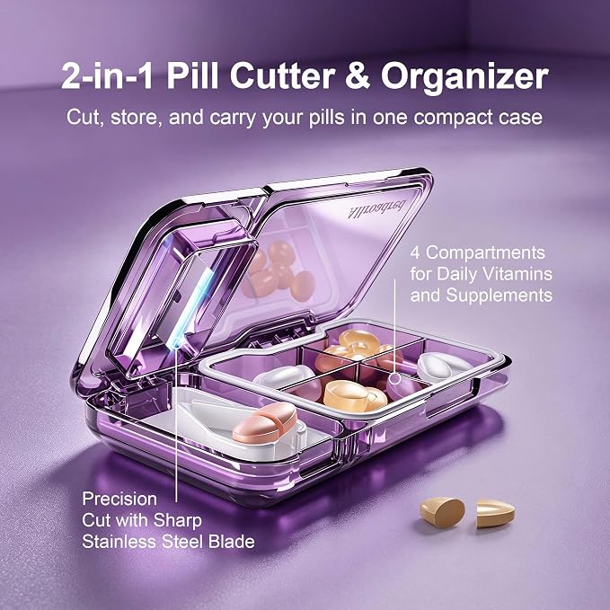 2-in-1 Pill Cutter and Splitter with Pill Organizer, Airtight Moisture-Proof Pill Case, Stainless Steel Blade for Tablets, Vitamins & Supplements, Travel Pill Case (Deep Purple)