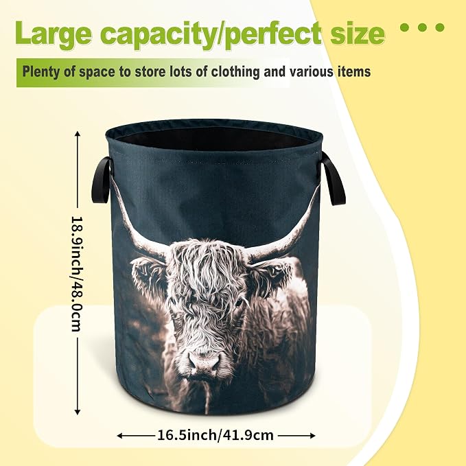 Highland Cow Laundry Basket Foldable Waterproof Hamper 18.9 x 16.5 Inch | Oxford Cloth With Reinforced Handles Lining Design Large-Capacity Storage For Bathrooms/Laundry Rooms/ Living Rooms/Bedrooms