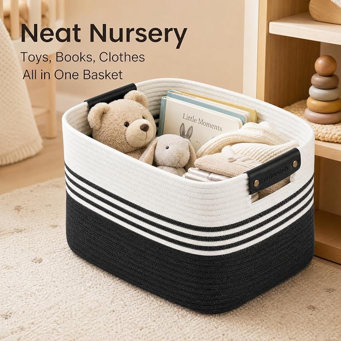 Cotton Rope Laundry Basket Small, 12.8GAL Collapsible Woven Storage Baskets for Living Room Kids Toys Stuffed Animal,Boho Rectangular Decorative Short Hamper for Dirty Clothes, Blankets White Black
