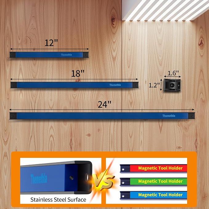 12" Magnetic Tool Holder Strip, 4 Pieces Blue Metal Tool Organizer Rack with Stainless Steel Surface, Magnet Bar for Garage Workshop, Easy To Install with Mounting Screws