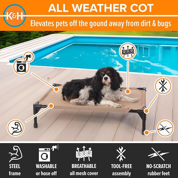 K&H Outdoor Elevated Dog Bed, Cooling Raised Dog Bed, Medium 32x25in, Tan | Pet Cot for Small & Medium Pets, Breathable Mesh 360 Hammock Design, Indoor/Outdoor Washable Cover, Portable Metal Frame