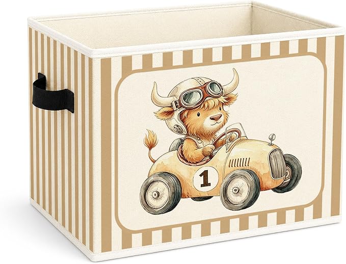 Race Car Highland Cow Beige Stripe Foldable Fabric Storage Bin | Highland cow race car and beige stripe design; collapsible bin for toys, books, clothes in kids room, nursery or playroom.