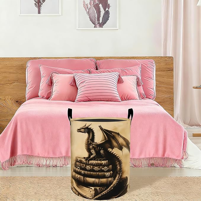 Dragon Book Laundry Basket Hamper 19.7"x15.8", Organizer Bins Gifts for Kids Boys Girls, Fantasy Dragon Foldable Waterproof Oxford Clothes Storage Bucket for Bedroom Bathroom Decor