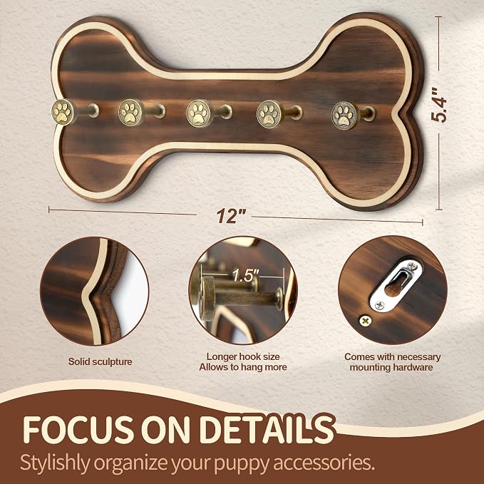 MTERSN Dog Leash Holder Wall Mount with Bone Shape, Entryway, Retro Brown