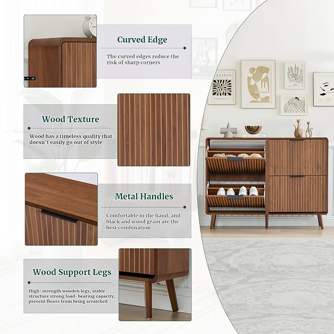 FurSch 47" Fluted Large Shoe Cabinet with 4 Flip Drawers | Slim Freestanding Organizer, Narrow Storage Rack for Entryway, 5 Sturdy Legs