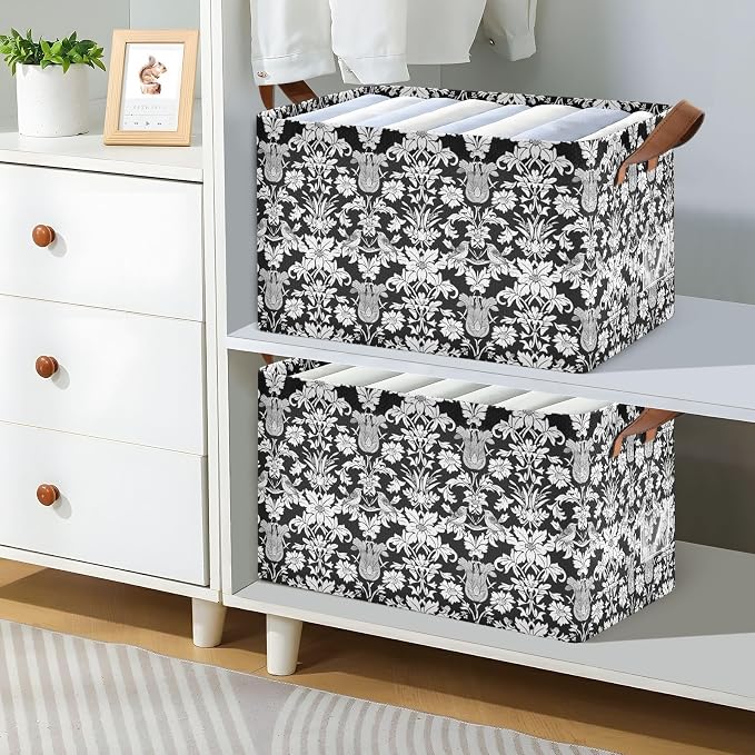 Black and White Cottage Floral Birds Storage Bins for Shelves with Labels&Handles Fabric Organizer Bin Foldable Rectangle Storage Basket Boxes for Closet, Bathroom, Home, Living Room, 2 Pack
