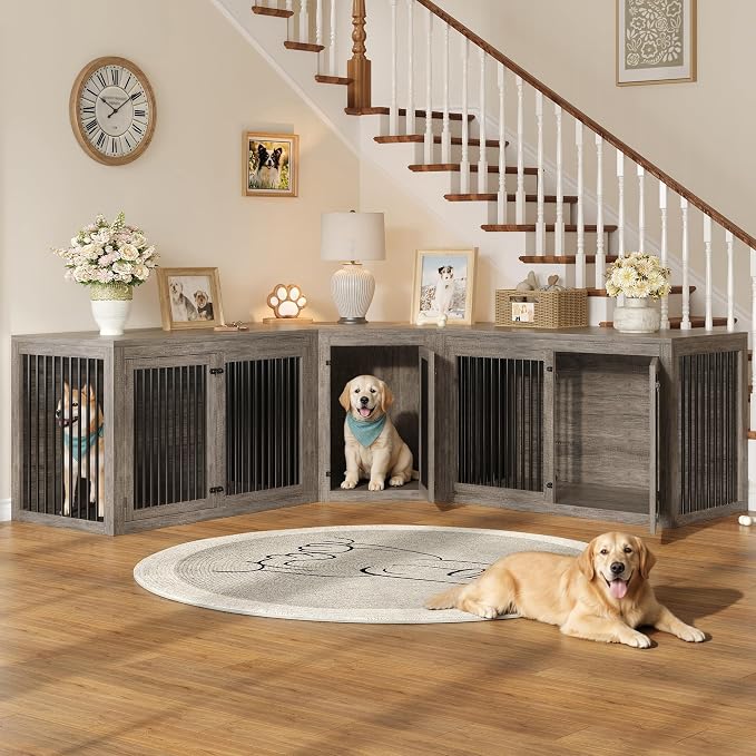 AMERLIFE Dog Crate Furniture for Medium/Large Dogs with Storage and Divider | 3-in-1 Corner Dog Kennel, Space-Saving Heavy Duty Large Cage, Grey
