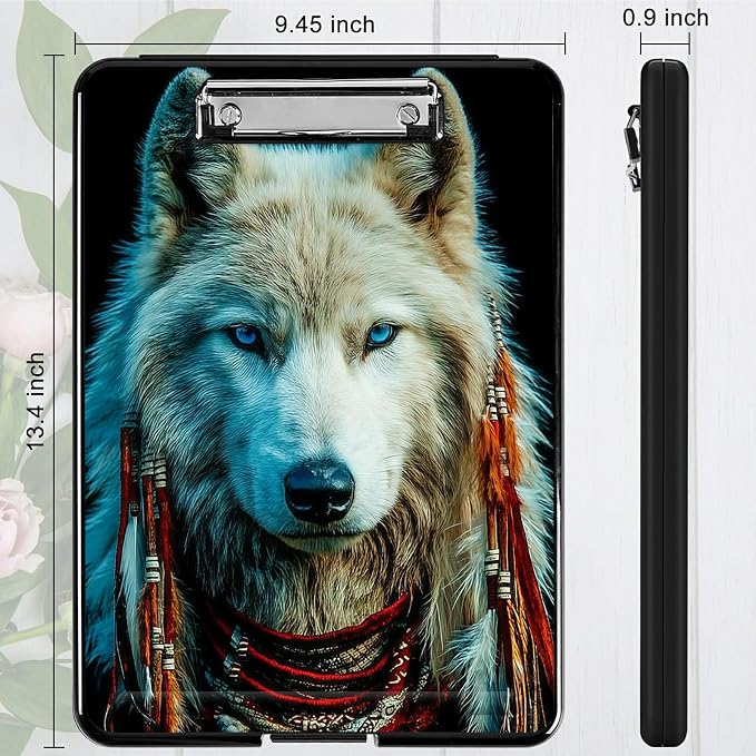 Heavy Duty Storage Clipboard, Slim Nursing Clipboard with Internal Pen Case, Portable File Organizer Case for A4 Letter Size Paper Office Medical Professionals, White Wolf Feathers