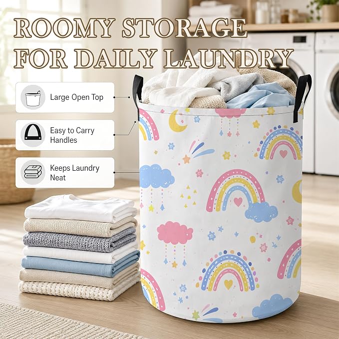 Rainbow Clouds Laundry Basket, Foldable Oxford Cloth Moon Stars Laundry Hamper with Handles, Tote Bag Clothes Storage Bucket for Laundry Room/Bathroom/Bedroom/Dormitories 20.8"x16"