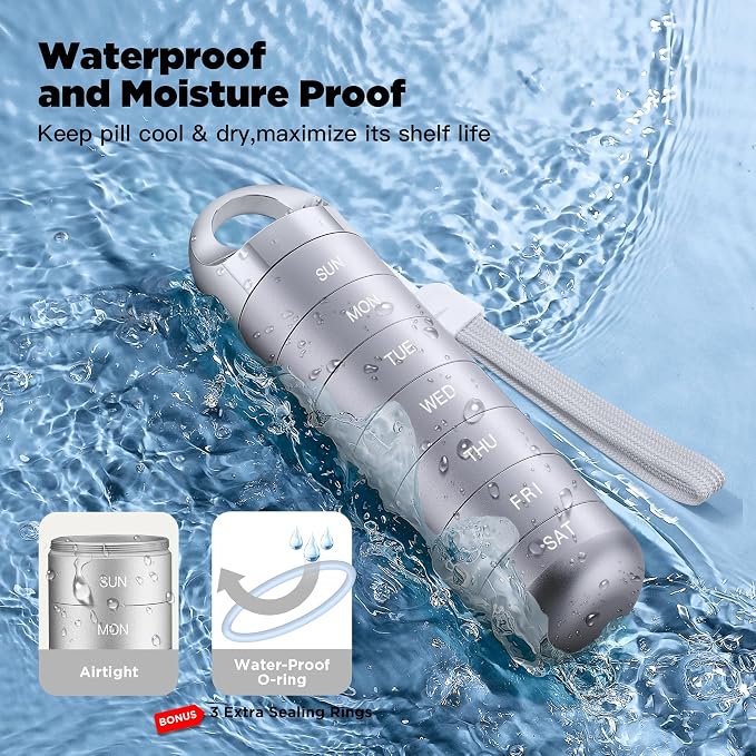 Zannaki Metal Travel Pill Organizer, Portable Waterproof Weekly Pill Box, Large Aluminum Alloy Pill Case Container, BPA Free 7 Day Daily Medicine Organizer Holder for Vitamin, Fish Oil, Supplement