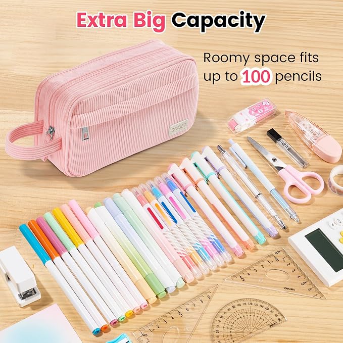 Sooez High Capacity Pencil Case, Soft Corduroy Pencil Pouch with 4 Compartments, Multiple Pockets, Large Pencil Bag with Sturdy Zipper, Cute Pencil Case Pouch Organizer for Student Teen Girls, Pink