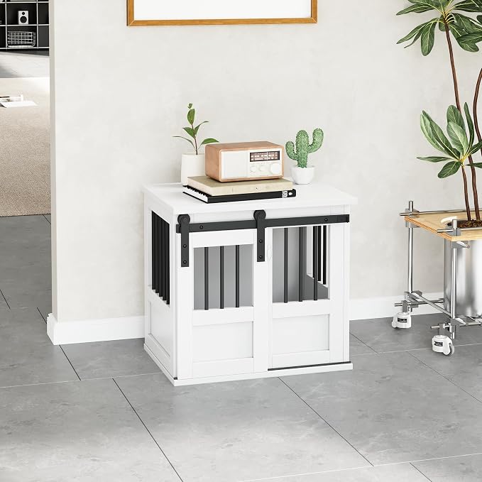 23" Wooden Dog Crate Furniture,Small Kennel Pet Cage End Table for Indoor | for Extra Small Dogs, White, Fits Living Room Bedroom, Heavy Duty Steel Frame,Sliding Barn Door,15 lbs Cap, 100 lbs Top.