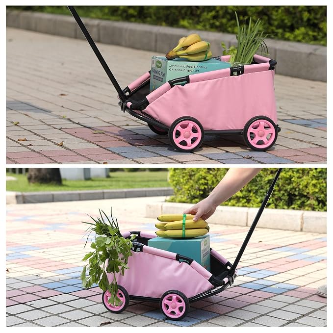 Mini Dog Strollers for Mini Pets, Foldable Multifunctional Shopping Carts with Extendable Pull Handle, Doggie Wagon Built-in Cushion and Safety Rope with Storage Bag (Pink)