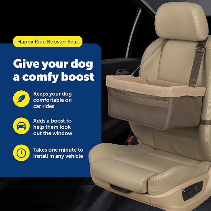 PetSafe Happy Ride Dog Booster Seat, Brown, Up to 12 lb | Raises Small Dogs to Window Height In Most Cars, Connects to Seatbelt with Safety Tether, Fleece Liner Is Machine Washable