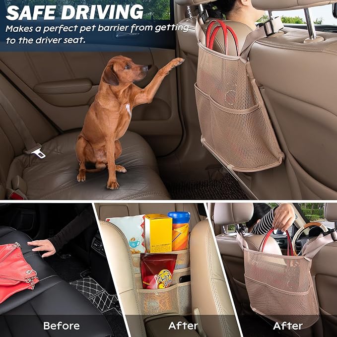 eing Car Organizers and Storage Mesh Bag, Purse Holder, Car Net Pocket Handbag, Automotive Consoles & Organizers, Back Seat Pets Kids Barrier, Car Handbag Holder for Women, Beige