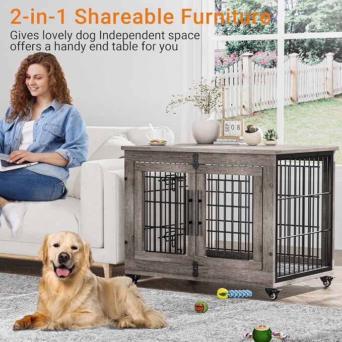 2 Pack Dog Crate Furniture,32'' Heavy Duty Kennel with Cushion & Wheels | Grey, Double Doors, Wooden Dog Cage, Chew-Resistant, End Table, Decorative, 27"/32"/38"/44" Options, Indoor
