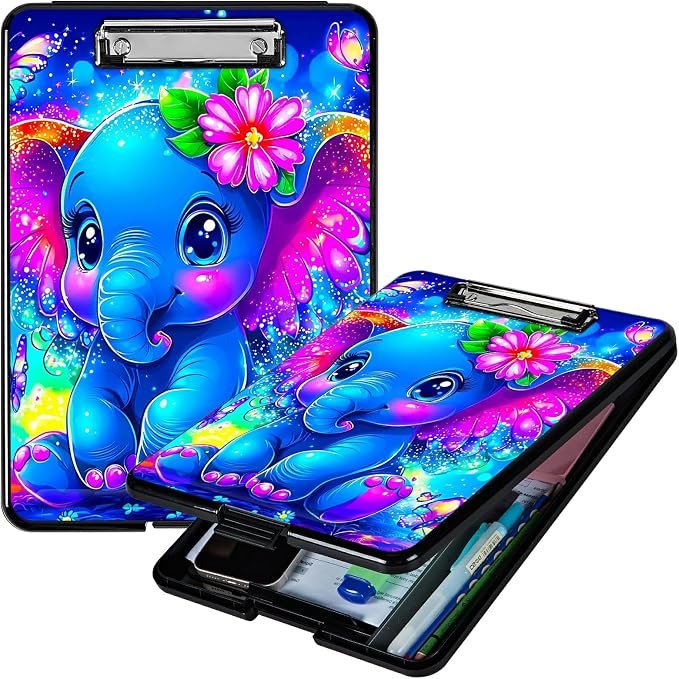 Blue Elephant Flowers A4 Clipboard with Storage Pen Holder, Clipboards Organizer Nursing Clipboard Foldable File Folder Plastic Clipboard Folio Clip Board for Office Students Classroom