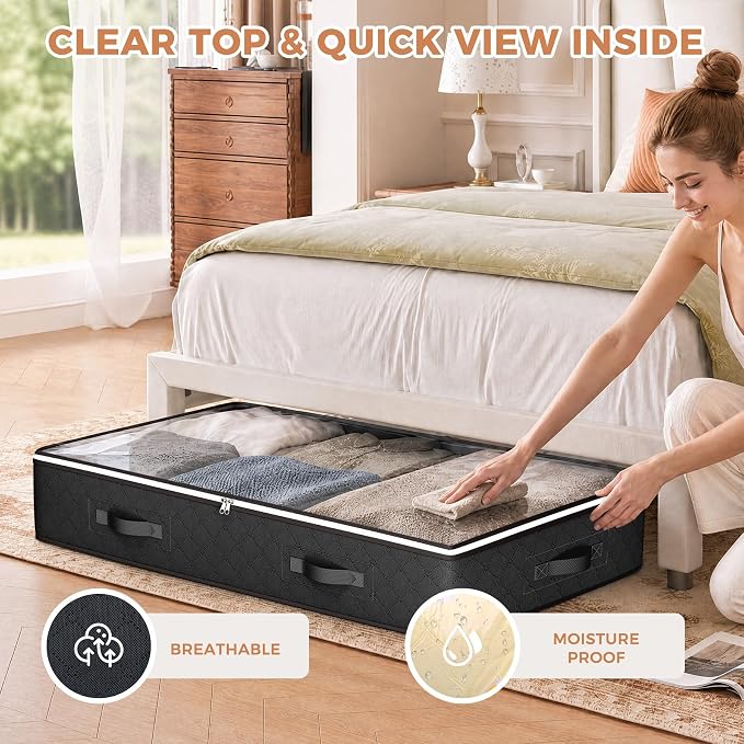 Under Bed Storage Containers with Clear Lids, 4 Pack | Underbed Storage Bags for Blankets, Towels, Comforter, Sweaters, Linen Sheets, Wrapping Paper