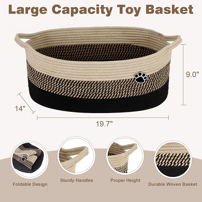 Optish 40L Extra Large Dog Toy Basket, XL Toy Storage Box and Bin with Handles, 20" x 14" x 9" Woven Cotton Rope Foldable Basket for Blankets, Living Room, Bedroom, Home Decor, Black & Brown