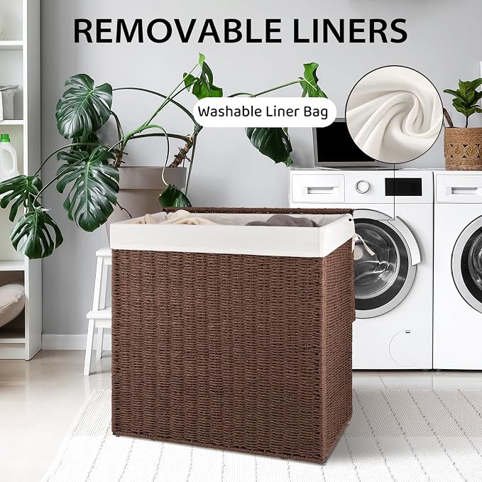 OIAHOMY Laundry Hamper with Lid, 110L(29.1 Gal) Large Wicker Laundry Basket for Bedroom, Handwoven Paper Rope Clothes Hamper with Washable Liner & Metal Frame, Decorative organizer for Bathroom Brown