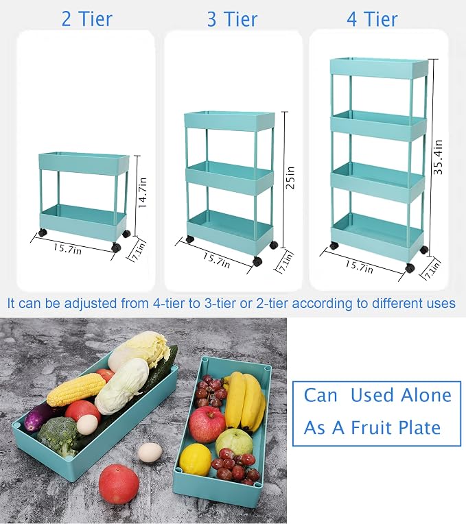 4 Tier Slim Rolling Utility Kitchen Cart Bathroom Organizer for Narrow Places Multipurpose Storage Shelve Mobile Trolley for Bedroom Laundry Office Restaurant Garage Pantry (Teal)