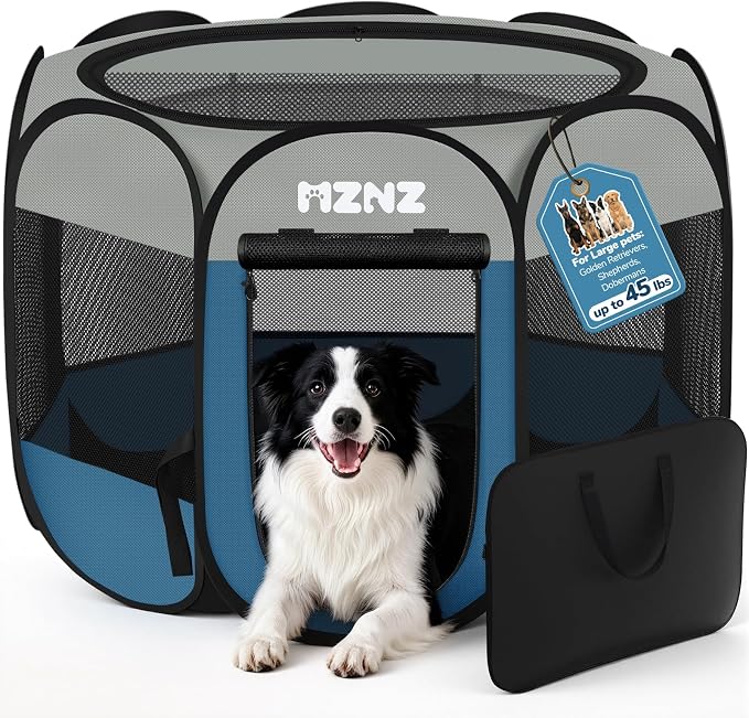 Dog Cat Small Animal Puppy Playpen Crate, Large, Grey Blue | Portable Pop Up Pet Cage Enclosure Tent Kennel Indoor Outdoor with Carrying Case, No Assembly, Camping Use
