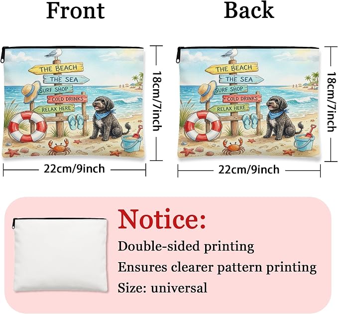 Portuguese Water Dog Makeup Bag, Cute Coastal Beach Seaside Cosmetic Travel Pouch for Women, Gifts for Girls, Pet Portable Small Canvas Zipper Organizer 7x9 Inch