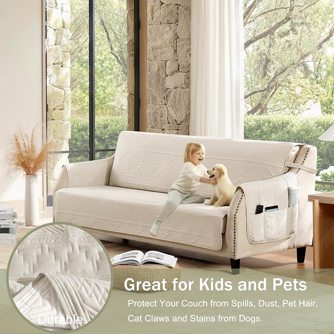Boho Quilted Grand Sofa Covers Washable, Couch Cover for Grand Sofa, Soft Cozy Couch Protector for 4 Cushion Couch, Oversized Grand Sofa Slipcovers Water-Repellent (Grand Sofa 88", Beige)