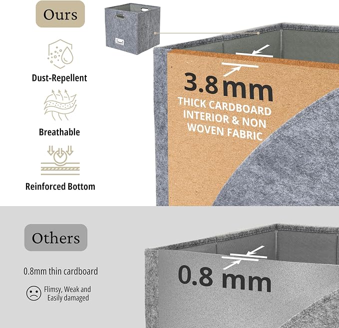 DECOMOMO Felt Storage Bins, 11 inch Cube Storage Bin with Labels | 6 Pack Storage Baskets for Shelves, Kallax (Dark Grey)